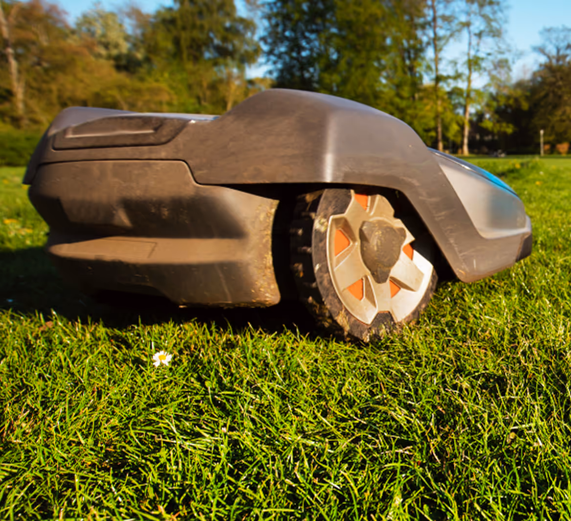 Roboter-Rasenmäher auf grünem Gras bei sonnigem Wetter im Park.